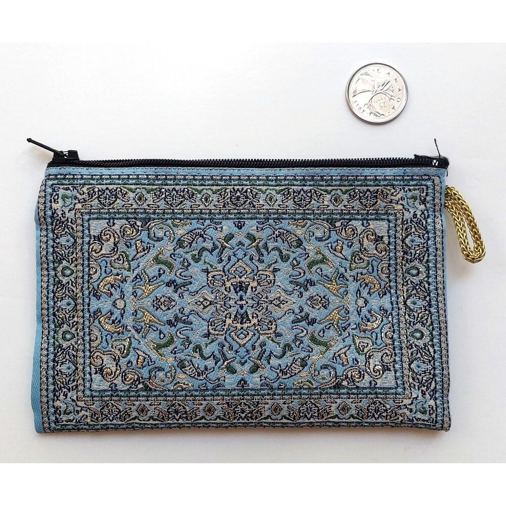Blue and Gold Embroidered Small Zipper Pouch Wallet Oriental Ornate